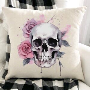 Halloween Pillow Cover, Gothic Skull with Pink Roses, 16x16 inches